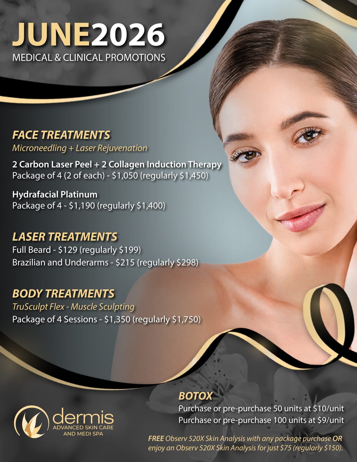 June 2026 Medical and Clinical Promotions at Dermis Advanced Skin Care — Face Treatments, Laser, Botox, and Product Specials